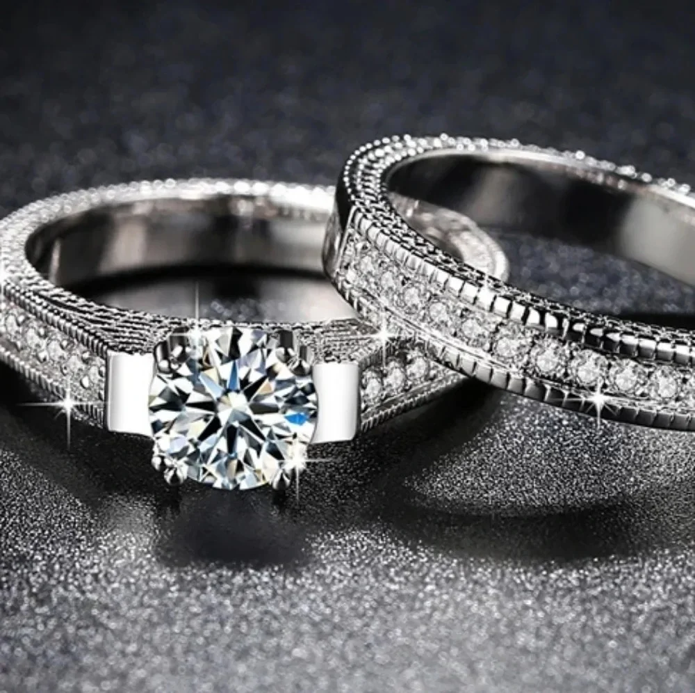 NEW Diamond‎ Simulant Engagement Band Ring Set
